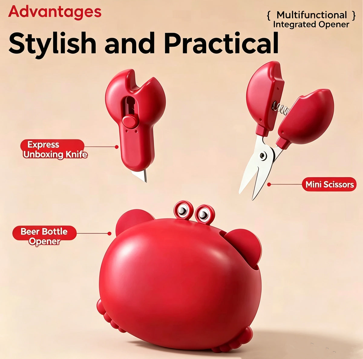 [3-Pack] 3-in-1 Fun Multi-functional Crab Bottle Opener, Fridge Magnet, Box Cutter, and Cartoon Portable Magnetic Scissors