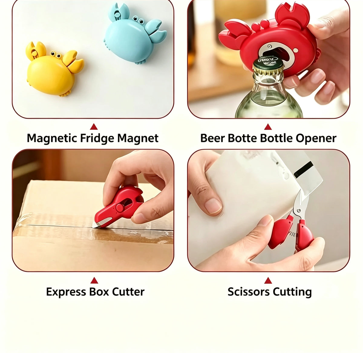 [3-Pack] 3-in-1 Fun Multi-functional Crab Bottle Opener, Fridge Magnet, Box Cutter, and Cartoon Portable Magnetic Scissors